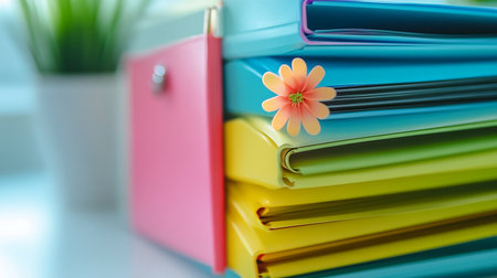 Colorful office folders and a flower on the desk. Selective focus.の素材