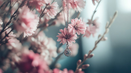 Beautiful pink cherry blossoms and jewelry on a branch. Selective focus.の素材