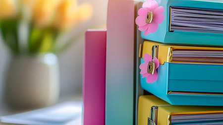 Colorful folders with documents and flowers in the office. Selective focusの素材
