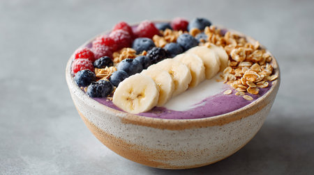 Blueberry and banana smoothie bowl with granola and fresh berriesの素材