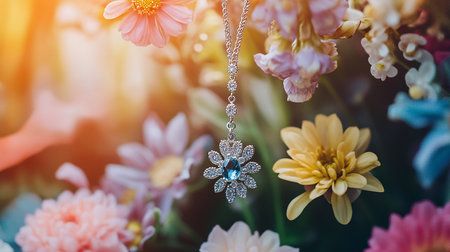 Beautiful jewelry pendant on the background of flowers. Boho style.の素材