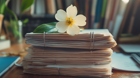 Close up of stack of documents and flower on table in office.の素材