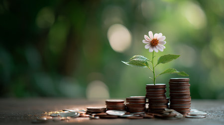 plant growing out of coins with bokeh background, saving money conceptの素材