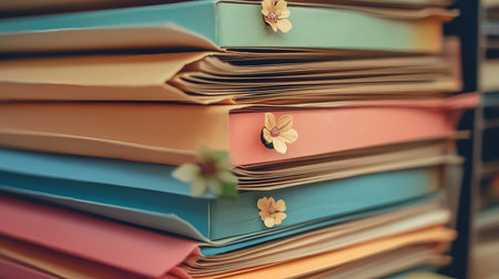 Stacks of colorful papers with a flower on top. Shallow depth of fieldの素材