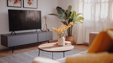 Modern living room with sofa, TV and plants. Selective focusの素材