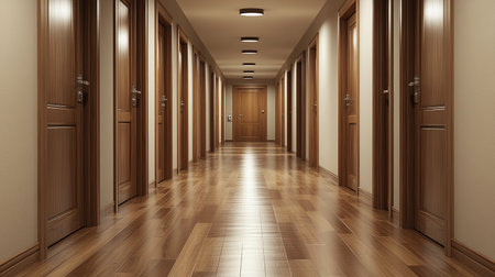 Interior of a hotel corridor with wooden doors, 3d renderの素材