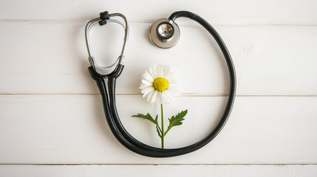Stethoscope and chamomile flower on white wooden backgroundの素材