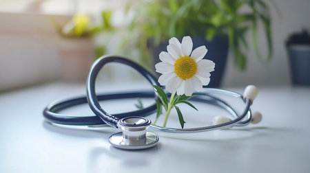 Stethoscope and a daisy flower on a white table.の素材