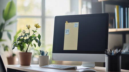 Close up of desktop with blank sticky note on computer screen in officeの素材