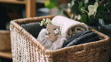 Wicker basket with clean towels and flowers on wooden table in roomの素材