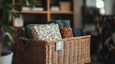 Wicker basket with different colorful towels in living room, closeupの素材