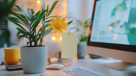 Workplace with a computer and a flower in a pot on the tableの素材