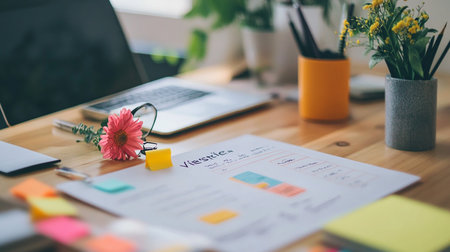 Close-up image of office table with laptop, notepad and flowerの素材