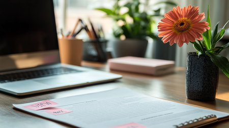 Notebook and flower on wooden table in office room, stock photoの素材
