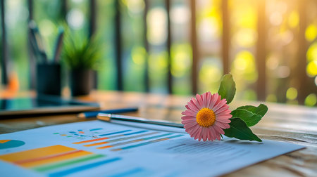 Calendula flower and notebook with pen on wooden table in office.の素材