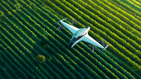 Drone flying over green field of vineyards. 3D renderingの素材