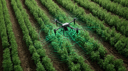 Drone flying over a field of green peas. 3D renderingの素材
