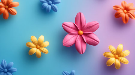 3d render of colorful paper flowers on blue background. Floral conceptの素材