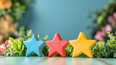 Star rating or ranking concept. Colorful wooden stars on blue backgroundの素材