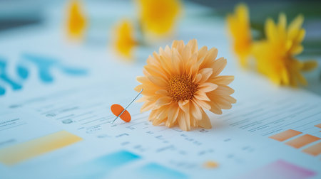 Calendula flower on the financial report. Concept of financial accounting.の素材