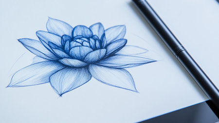 Lotus flower and a pen on a sheet of paper. Blue tonedの素材