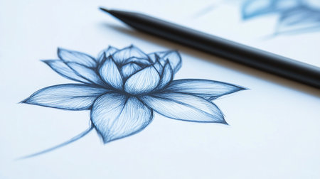 Pencil and lotus flower on white paper, close-upの素材