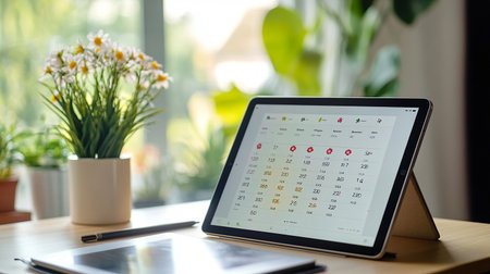 Calendar on digital tablet at home office. Business planning concept.の素材