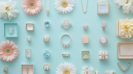 Flat lay of jewelry and flowers on pastel blue background.の素材