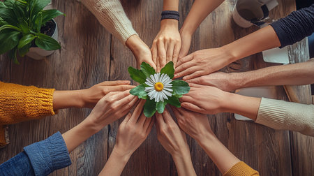Top view of group of people holding green plant in hands on wooden tableの素材