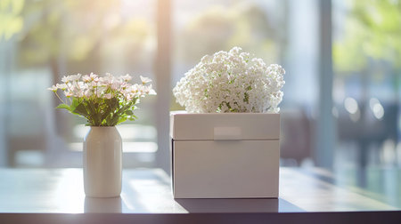 White flowers in white vase on the table with sunlight background.の素材