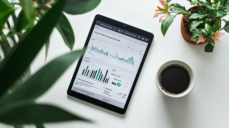 Workplace with tablet pc showing graphs on the screen and a cup of coffeeの素材