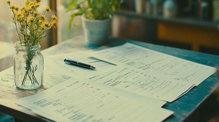 Close up of note paper with pen on wooden table in coffee shopの素材