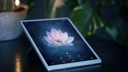 Digital tablet with pink lotus flower on screen. 3D renderingの素材