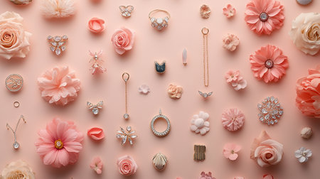 Flowers and jewelry on pink background. Flat lay, top viewの素材
