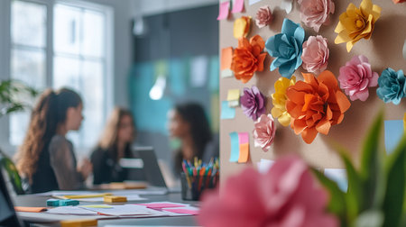 selective focus of paper flowers on wall in office with female colleaguesの素材