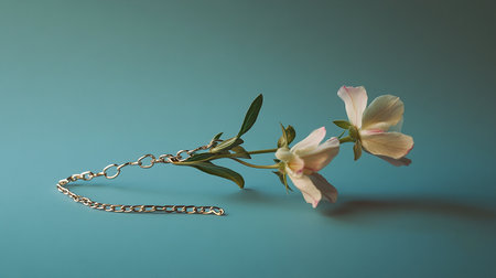 Beautiful pink magnolia flower on blue background with golden chain.の素材