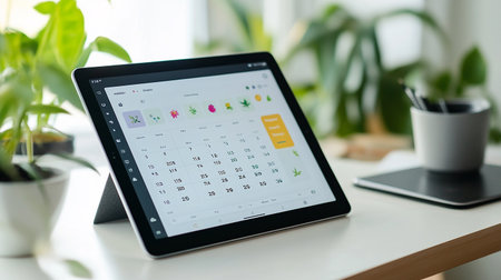 Tablet pc with calendar app on screen. Workplace with modern devices.の素材