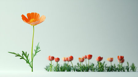 Orange cosmos flower with red tulips on white background. Minimal concept.の素材