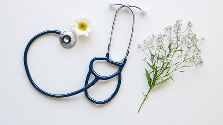 Stethoscope and wildflowers on white background, top viewの素材