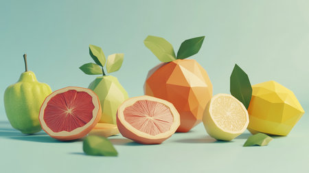 Orange, grapefruit, pears and leaves on a blue background.の素材