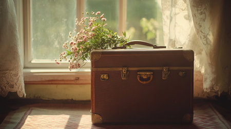 Vintage suitcase and flowers near the window. Retro style photo.の素材