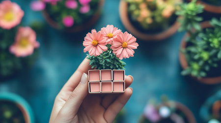 Flower pot with pink daisy flowers in female hands. Home gardening concept.の素材