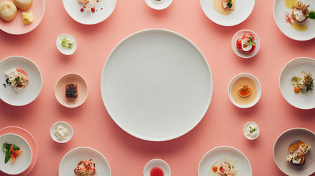 top view of white plate with different appetizers on pink background with copy spaceの素材