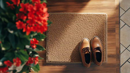 Close up of brown men's shoes standing on carpet at home.の素材