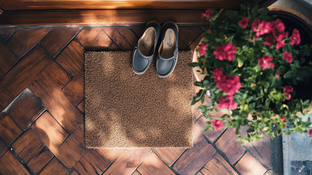 Flat lay of a pair of shoes on a doormatの素材