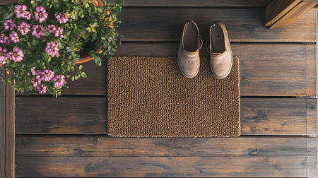 Top view of shoes on doormat with flowerpot on wooden backgroundの素材