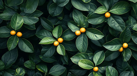 Green leaves with orange fruits. Nature background. Close-up.の素材