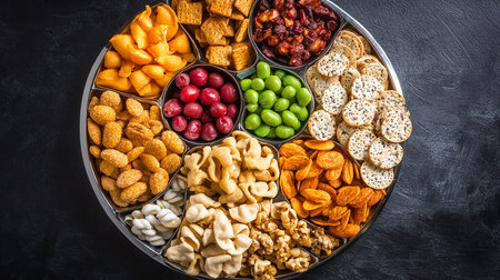 Assortment of snacks in bowl on dark background, top view.の素材