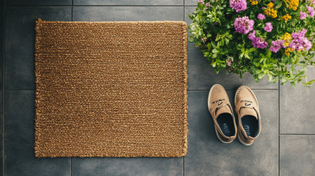 Top view of a pair of shoes on a carpet in the gardenの素材