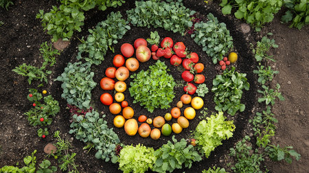 Vegetables in the shape of a circle on the garden bedの素材